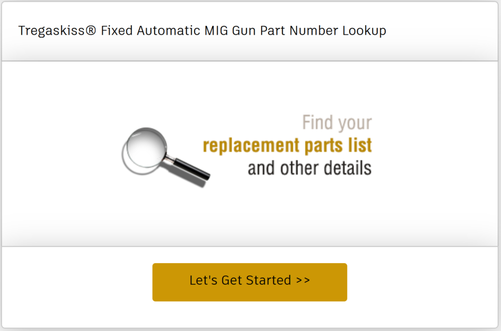 Find the replacement parts list and other details for the MA1 or MW1 fixed automatic MIG gun you already have