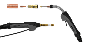 Image of Acculock S Consumables with a MIG gun and the consumables spread apart near the tip of the gun so you can see the nozzle, diffuser and contact tip.