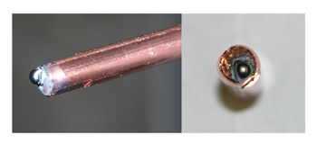 Image of a wire melted with the contact tip badly damaged due to burnback