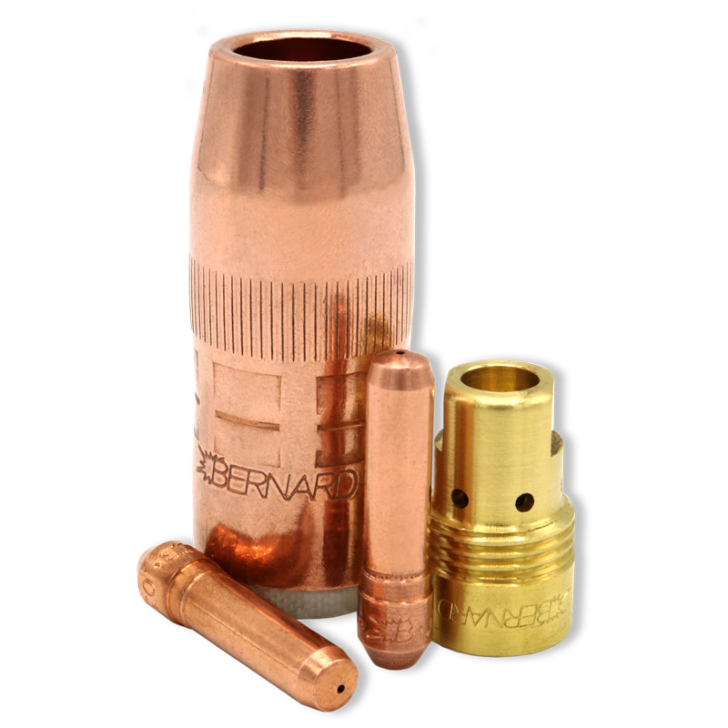 Centerfire consumables family shown with contact tips, nozzle and diffuser