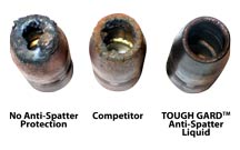 Comparison showing varying amounts of spatter buildup on a nozzle with no anti-spatter protection vs. a nozzle with competitive anti-spatter solution vs. a nozzle with TOUGH GARD anti-spatter liquid