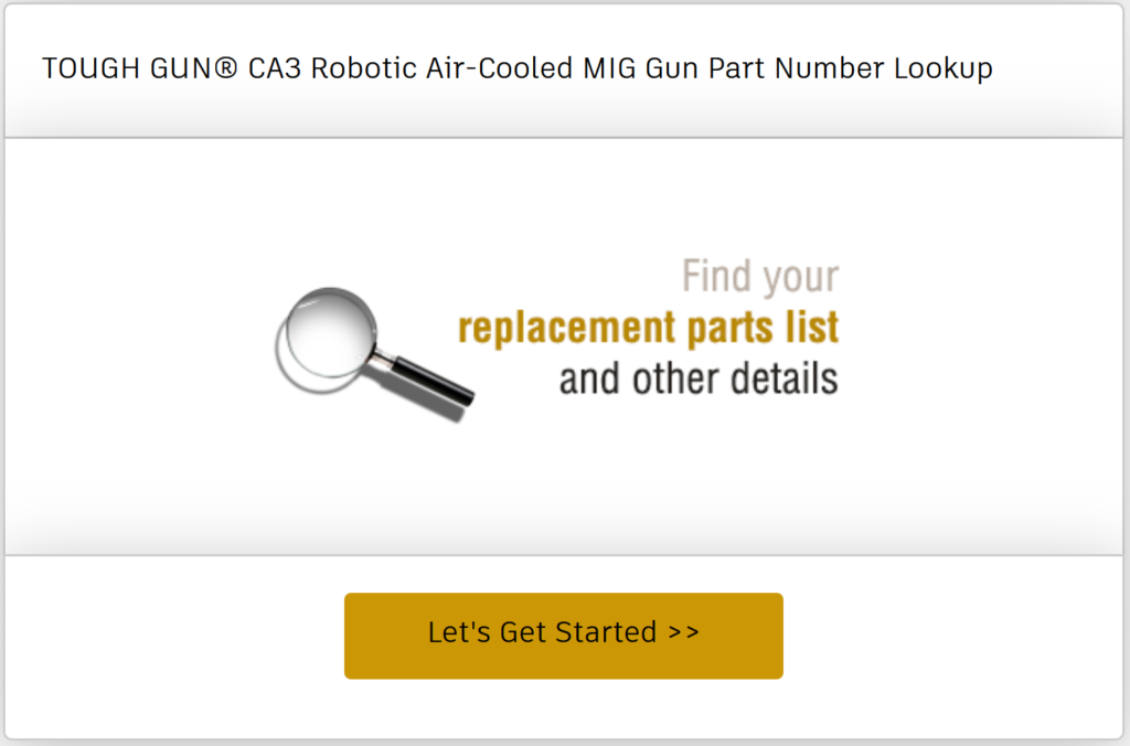 Find the replacement parts list and other details for the TOUGH GUN CA3 robotic air-cooled MIG gun you already have