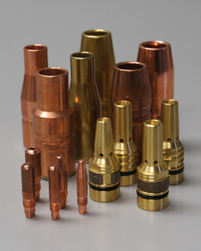 Image of MIG welding gun consumables including contact tips, nozzles and diffusers