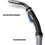 FILTAIR fume extraction MIG gun with call outs identifying extraction control regulator and vacuum hose swivel