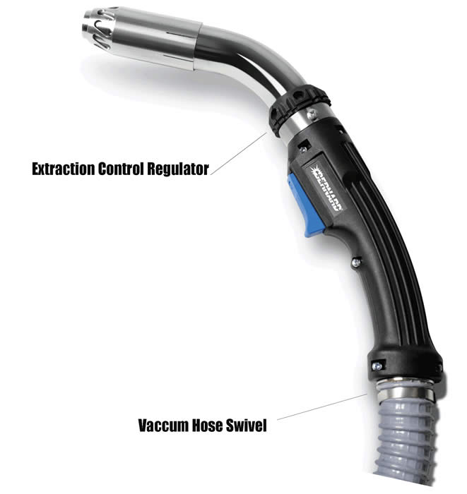 FILTAIR fume extraction MIG gun with call outs identifying extraction control regulator and vacuum hose swivel
