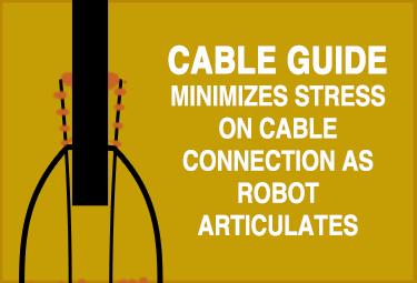 Infographic explaining cable guide on the product minimizes stress on cable connection as robot articulates