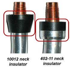 Image of neck insulator part number 10012 next to neck insulator part number 402-11 that shows the differences between the two.