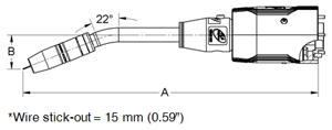 Dimensions diagram of TOUGH GUN TA3 MIG gun (clutch) with 22-degree neck