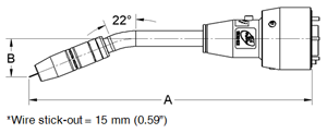 Dimensions diagram of TOUGH GUN TA3 MIG gun (solid mount) with 22-degree neck