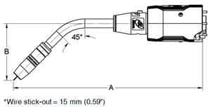 Dimensions diagram of TOUGH GUN TA3 MIG gun (clutch) with 45-degree neck