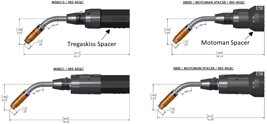 Configuration comparisons with dimensions comparing Tregaskiss spacer and the MOTOMAN Spacer
