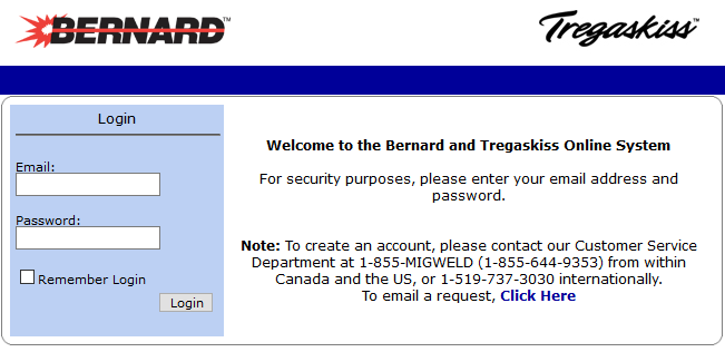 Screen capture showing the Bernard and Tregaskiss MyWeldOrder distributor portal