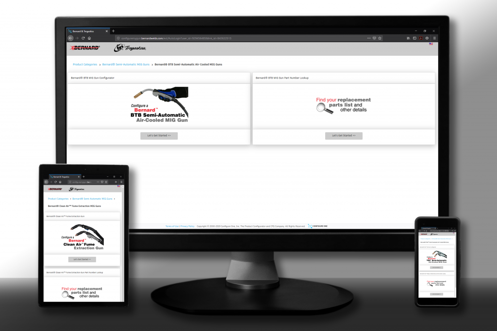 Computer monitor, tablet and cell phone displaying the Bernard MIG gun configurators