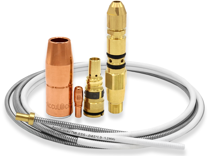 Image of AccuLock S Consumables family including contact tip, nozzle, diffuser, liner and power pin